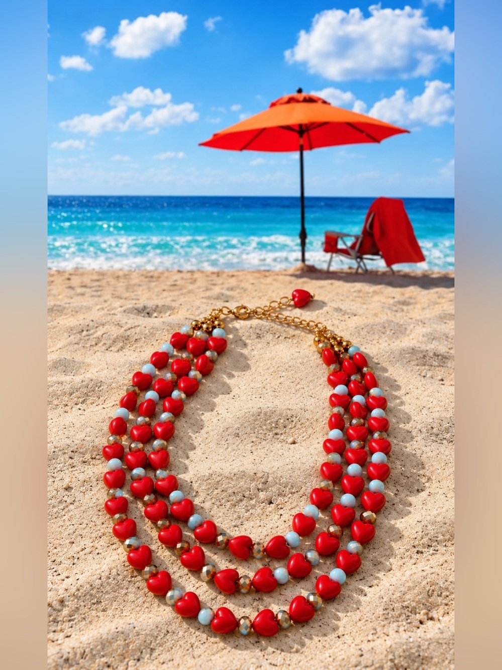 Three-Strand Red Heart Bead Necklace with Gold Chain